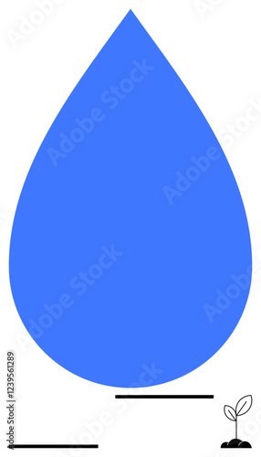 Large blue droplet dominates the design, with a tiny sprouting plant nearby. Ideal for sustainability, water conservation, nature, growth, environment, eco-awareness, abstract line flat metaphor