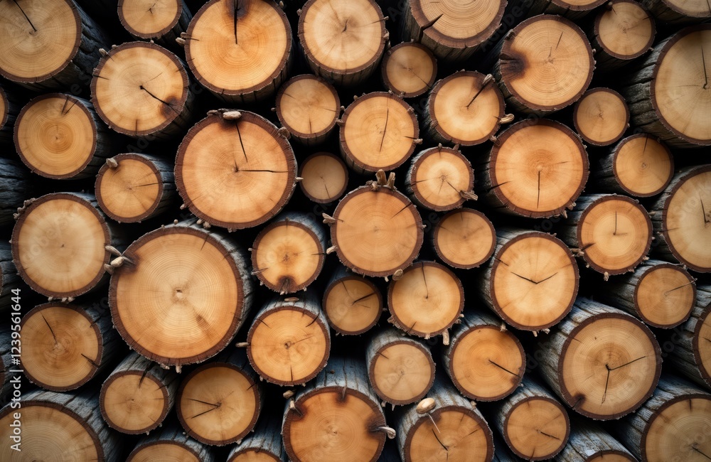 Close up view of stacked logs. Natural wood texture shows growth rings. Pile of timber for construction or forestry. Rustic, earthy image. Ideal for use in lumber, woodworking or construction themes. Close up view of stacked logs. Natural wood texture shows growth rings. Pile of timber for construction or forestry. Rustic, earthy image. Ideal for use in lumber, woodworking or construction themes.