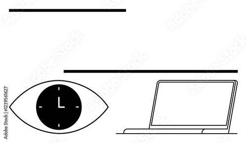 Eye encircling a clock and a laptop suggesting focus, time tracking, and efficiency. Ideal for productivity, remote work, organization, deadlines, balance, focus abstract line flat metaphor