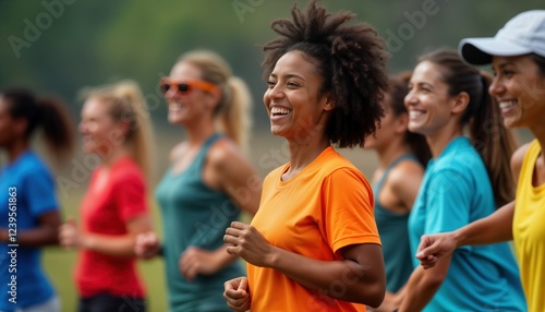 Diverse group of people jogging outdoors. Women of various ethnicities, ages wear colorful athletic apparel. Outdoor sports activity. Look happy, engaged. Vibrant, inclusive community. Healthy