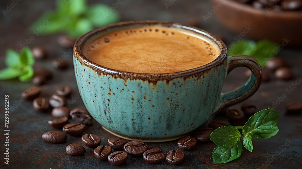 Captivating Freshly Brewed Coffee Cup Surrounded by Coffee Beans and Mint Leaves on Rustic Surface Captivating Freshly Brewed Coffee Cup Surrounded by Coffee Beans and Mint Leaves on Rustic Surface