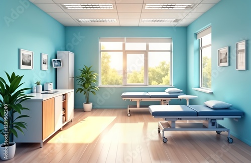 Modern physical therapy room with light blue walls, wooden floors. Two examination tables visible. Sunny natural light floods room. Plants, pictures present on walls. Calm environment for patients. photo