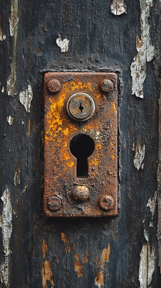 Rusty keyhole in weathered dark wood door Rusty keyhole in weathered dark wood door