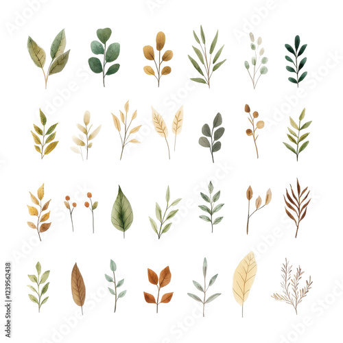 Various hand-drawn leaves on a white isolated background, showcasing diverse shapes and colors.