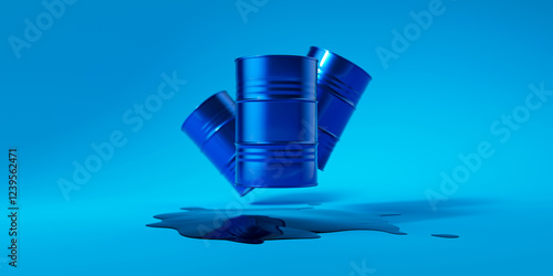Schilderij op canvas Three blue metal oil barrels fly over spilled puddle of crude oil on blue background
