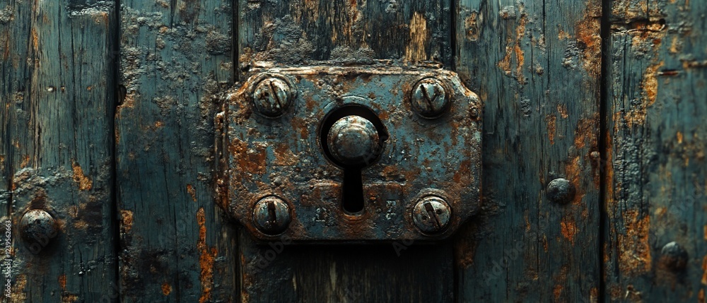 Fototapeta premium Rusty lock on weathered wooden door