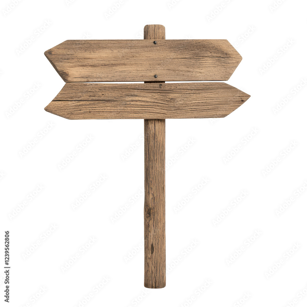 Wooden signpost with two directional arrows, isolated on a white background. Wooden signpost with two directional arrows, isolated on a white background.