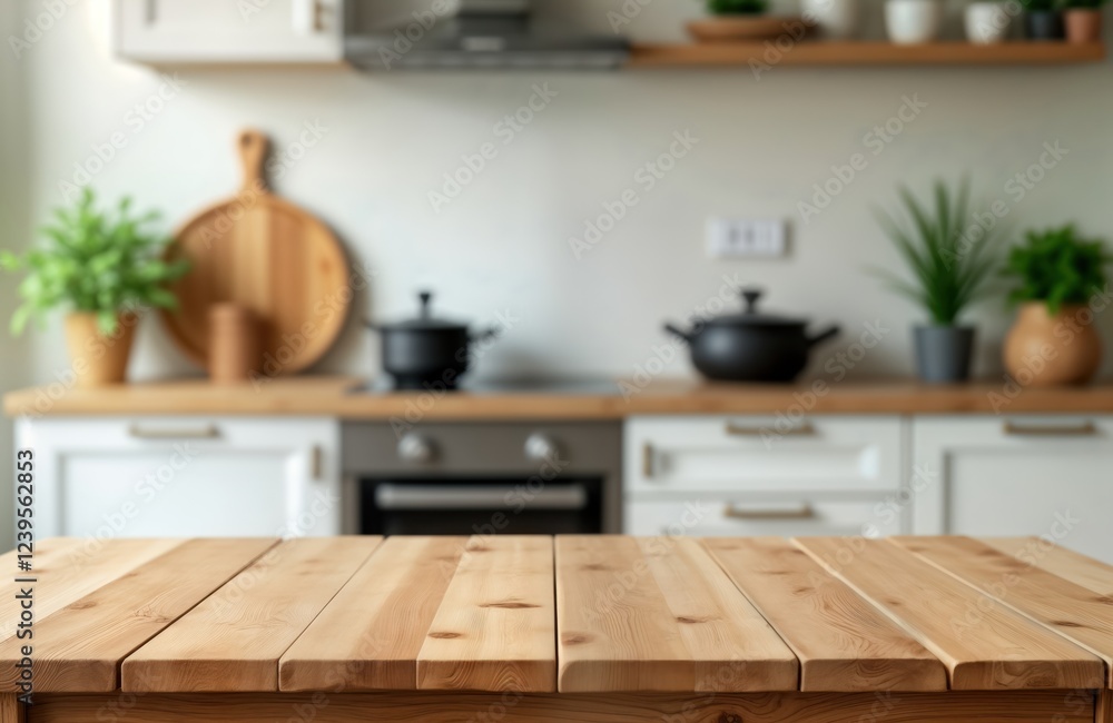 Wooden tabletop in blurred home kitchen background. Modern kitchen counter with white cabinets, wooden countertop. Warm, bright kitchen interior. Light wood texture table top looks clean, empty, Wooden tabletop in blurred home kitchen background. Modern kitchen counter with white cabinets, wooden countertop. Warm, bright kitchen interior. Light wood texture table top looks clean, empty,