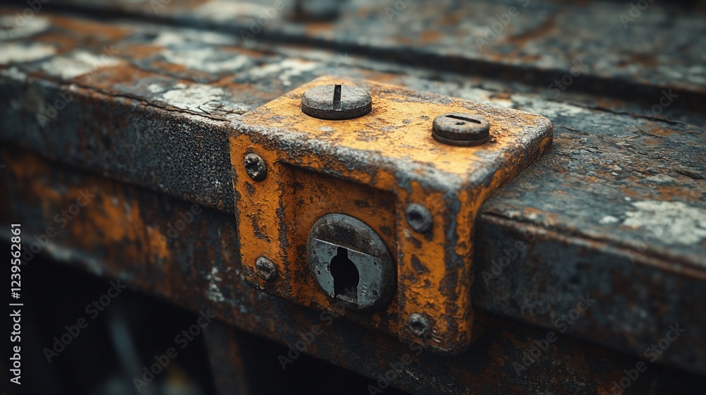 Rusty orange lock on weathered metal beams Rusty orange lock on weathered metal beams