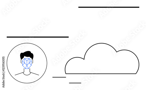 Geometric face scan in circular frame linked to cloud graphics. Ideal for AI, cybersecurity, cloud computing, IoT, technology, facial ID, data privacy. Abstract line flat metaphor