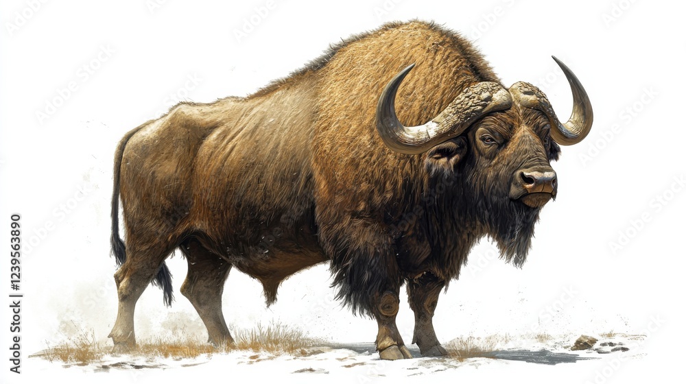 Majestic gaur standing in open grassland with massive curved horns Majestic gaur standing in open grassland with massive curved horns