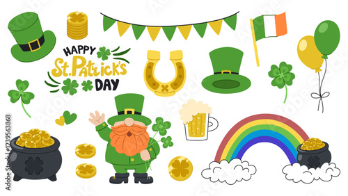 St. Patrick's Day cartoon set. A collection of elements for an Irish holiday. Leprechaun, rainbow, pots of gold, clover and other traditional holiday elements.