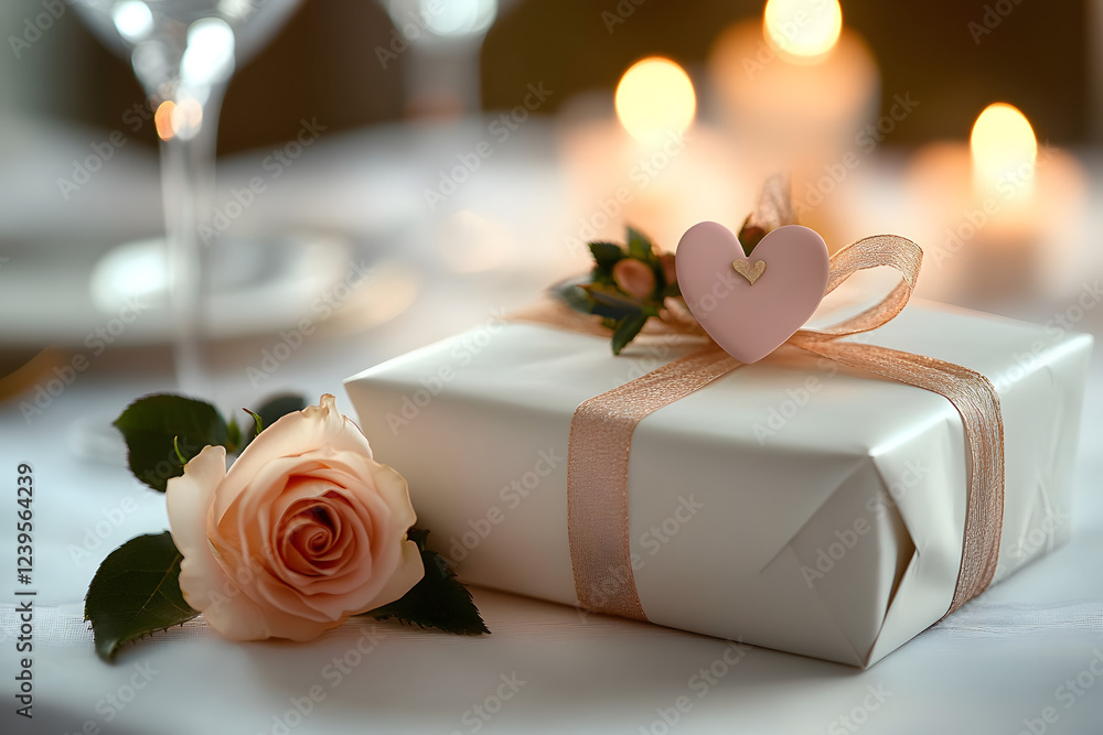 Obraz premium Elegant gift wrapped with white paper and adorned with pink roses on a softly lit table setting