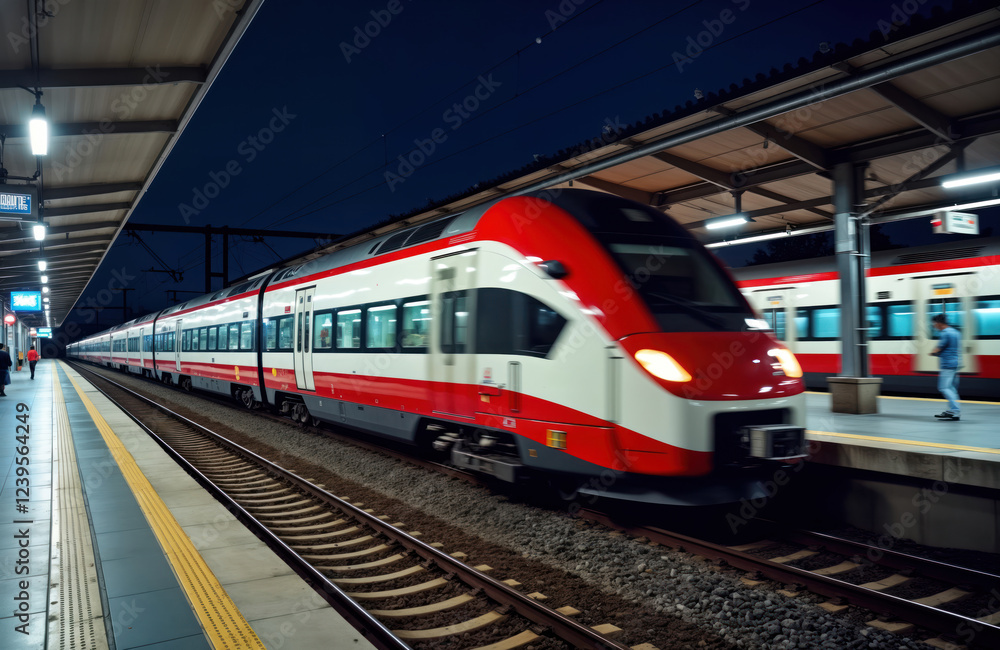 Fast train moves rapidly through station platform at night. Modern locomotive with red, white paint. No people on platform. Urban transit system in action. High-speed travel, urban scene at night. Fast train moves rapidly through station platform at night. Modern locomotive with red, white paint. No people on platform. Urban transit system in action. High-speed travel, urban scene at night.
