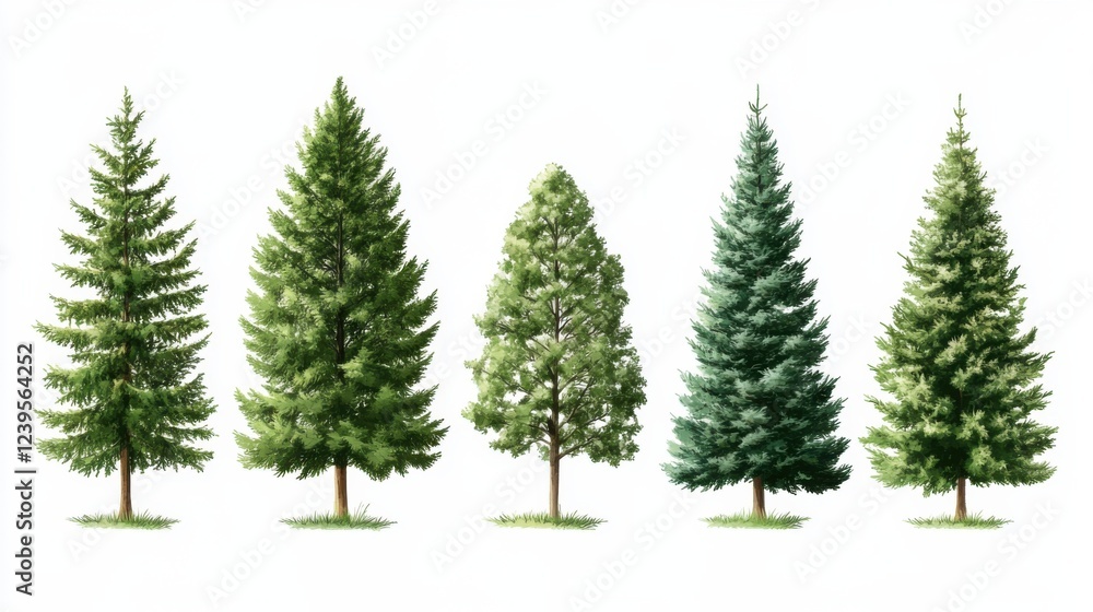 Five evergreen trees in a row on white background: different species and shapes Five evergreen trees in a row on white background: different species and shapes