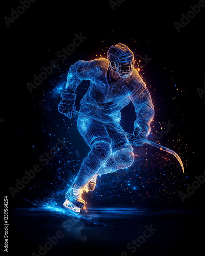 Sleek digital wireframe hockey player gliding on ice under starry night sky