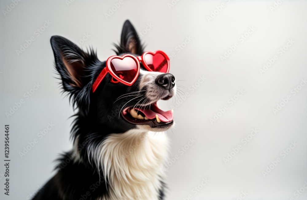 Funny border collie puppy wears red heart-shaped eyeglasses. Cute dog seems happy, playful. Valentines Day concept. Image suitable for postcards, social media, pet-related products. Adorable pet Funny border collie puppy wears red heart-shaped eyeglasses. Cute dog seems happy, playful. Valentines Day concept. Image suitable for postcards, social media, pet-related products. Adorable pet