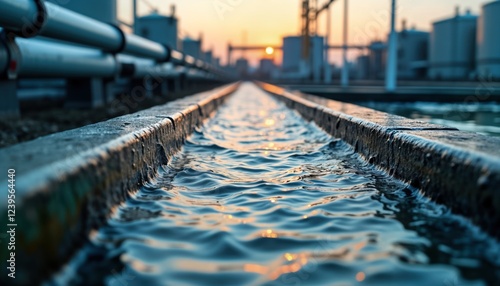 Wallpaper Mural Industrial wastewater treatment facility in operation. Water flows through channels. Pipes, tanks visible in background. Afternoon sun casts shadows. Complex industrial water management system. Clear Torontodigital.ca