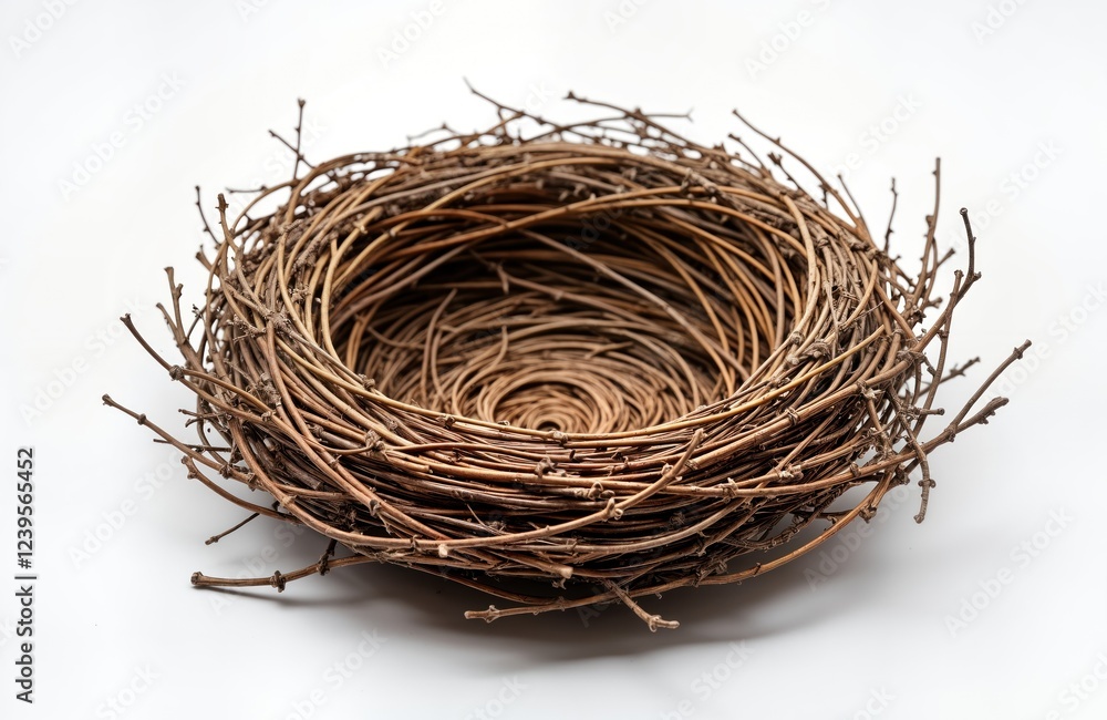 Obraz premium Empty bird nest made of twigs sits on white background. Natural material creates cozy home. Perfect for nature theme designs. Suitable for various springtime themes. Ideal for eco-friendly products.