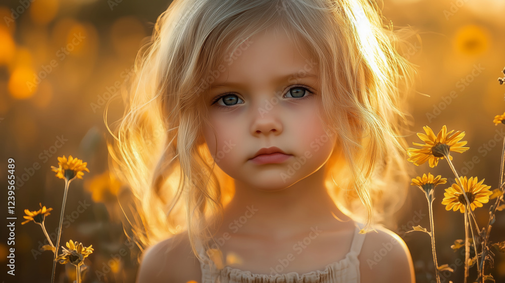 Fototapeta premium Golden hour radiance shines softly on a young child amidst blooming flowers