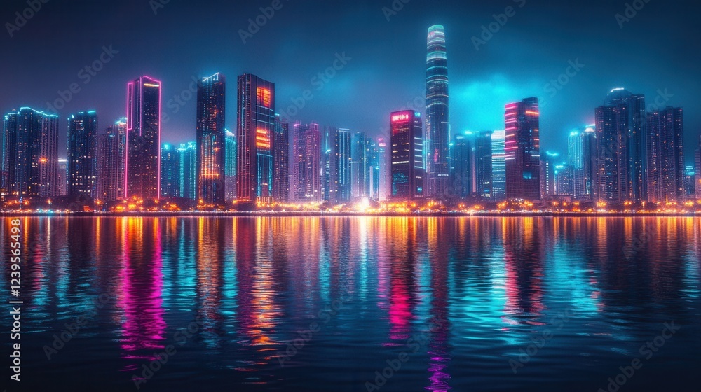 Fototapeta premium Vibrant city skyline at night with colorful reflective lights on water