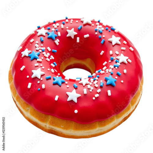 Close-up of a red, white, and blue glazed donut with star sprinkles. photo