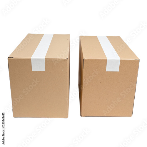 Two identical brown cardboard boxes with white tape, side view, isolated on black background. photo