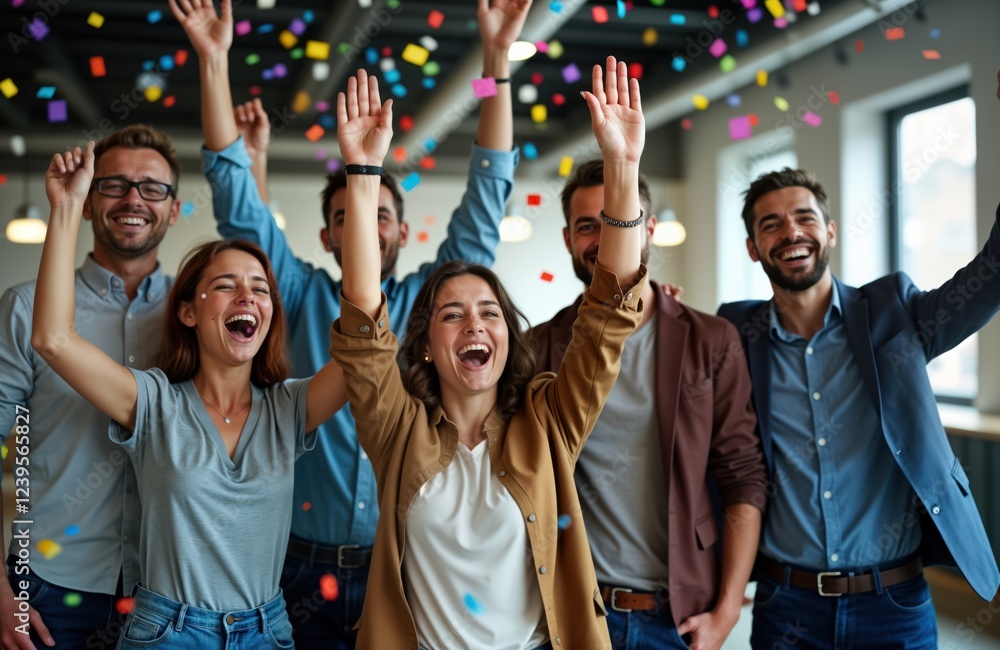Fototapeta premium Happy business team celebrates success in office. Confetti falls. Young adults raise arms in joy. Indoor corporate event. Teamwork, togetherness. Festive mood. Success celebration. Happy faces,