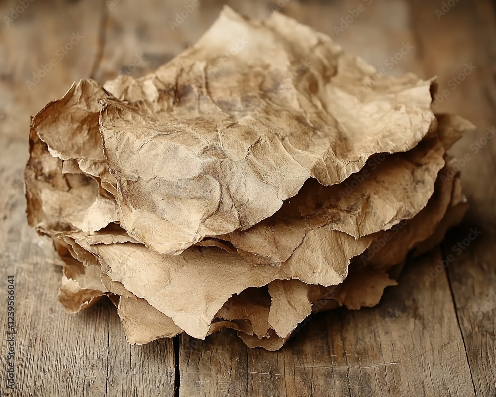 Crumpled aged papers on wooden surface; history, texture Crumpled aged papers on wooden surface; history, texture