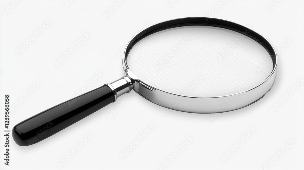 Magnifying glass with black handle on white background: close-up view of optical tool Magnifying glass with black handle on white background: close-up view of optical tool