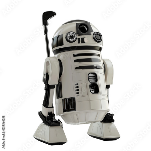 A droid-style robot as a golf caddy comedic tone isolated on a white background
