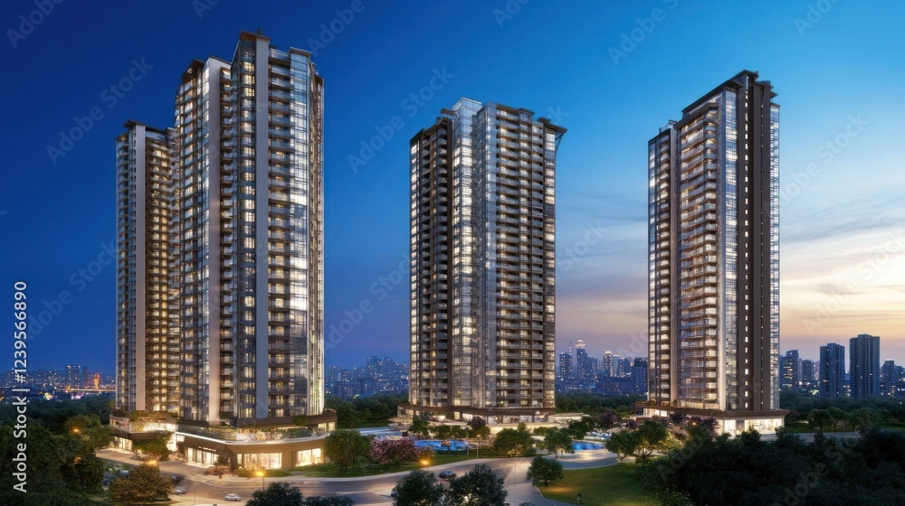 Elegant residential towers illuminate the twilight cityscape with modern design Elegant residential towers illuminate the twilight cityscape with modern design