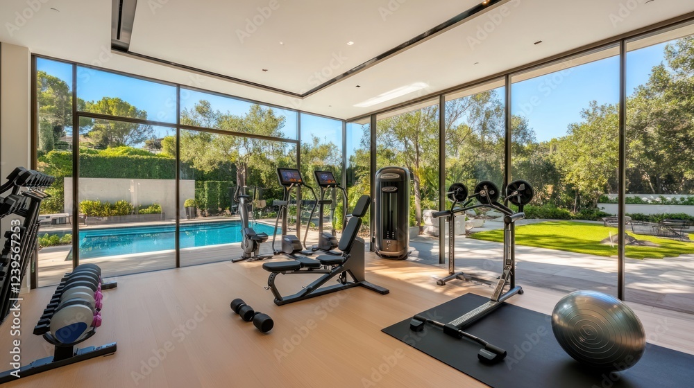 Fototapeta premium Luxury home gym with panoramic views overlooking a lush green landscape and pool