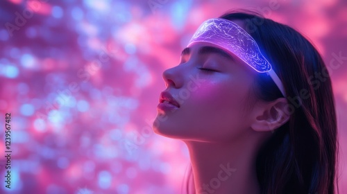 Young woman with futuristic headband in neon light ambiance