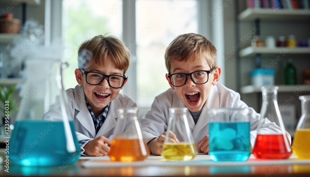 Two kids in lab coats, glasses science experiments. Excited, happy, colorful liquids in beakers. Classroom lab setting with lots of science materials shown. Children fun learning about science. Two kids in lab coats, glasses science experiments. Excited, happy, colorful liquids in beakers. Classroom lab setting with lots of science materials shown. Children fun learning about science.