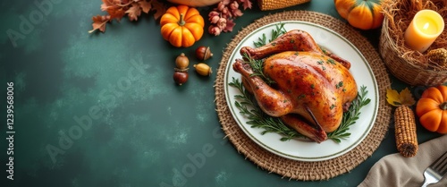 Wallpaper Mural A beautifully roasted turkey, glistening with a golden hue, takes center stage on an elegant plate, surrounded by charming autumn elements. The scene is enriched with vibrant pumpkins, acorns, and a Torontodigital.ca