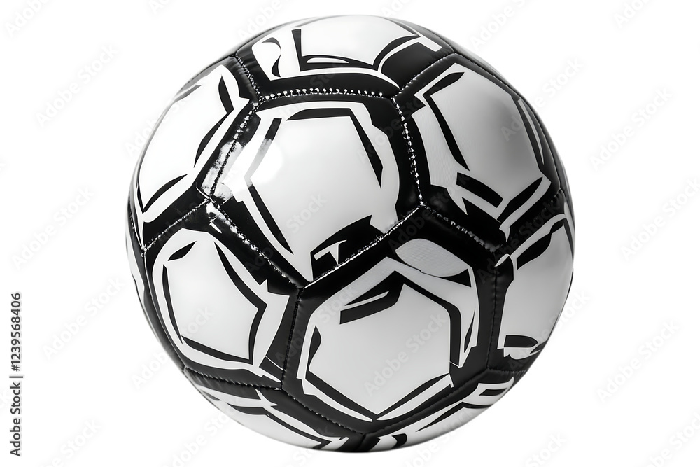 Naklejka premium Modern soccer ball with abstract black and white pattern. With glossy surface and stitched panels. Isolated, AI generated. .
