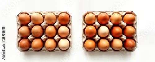 Two dozen fresh brown eggs in cardboard carton. Top view against white background. Perfect for food photography, culinary uses. Fresh eggs ready for cooking. Organic chicken eggs great for breakfast. photo