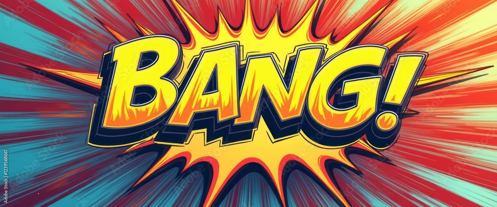 A vibrant comic book explosion bursts forth with the bold word BANG in striking yellow and black lettering. The energetic background radiates with red and blue rays, creating a sense of excitement and A vibrant comic book explosion bursts forth with the bold word BANG in striking yellow and black lettering. The energetic background radiates with red and blue rays, creating a sense of excitement and