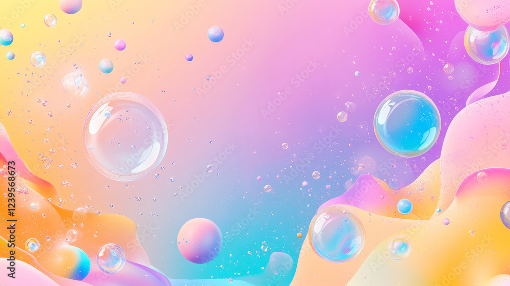 Vibrant, iridescent soap bubbles drifting against a soft pastel gradient background, ideal for children's entertainment, parties, or marketing designs. Vibrant, iridescent soap bubbles drifting against a soft pastel gradient background, ideal for children's entertainment, parties, or marketing designs.