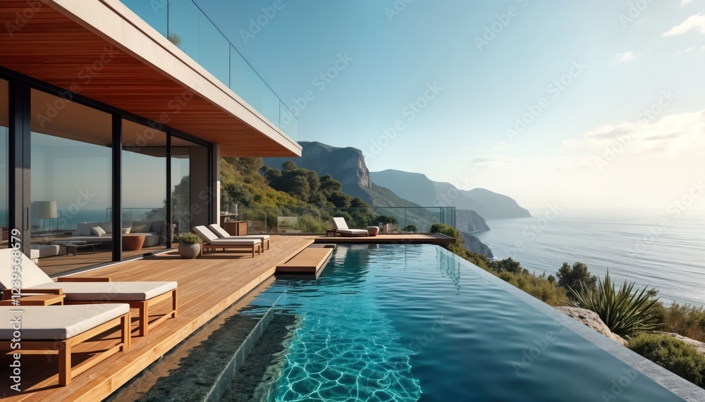 Fototapeta premium Luxury house with ocean view patio. Infinity pool and wooden deck. Relaxing vacation spot overlooking beautiful coastline. Stylish modern architecture. Stunning scenery. Summer holiday destination.
