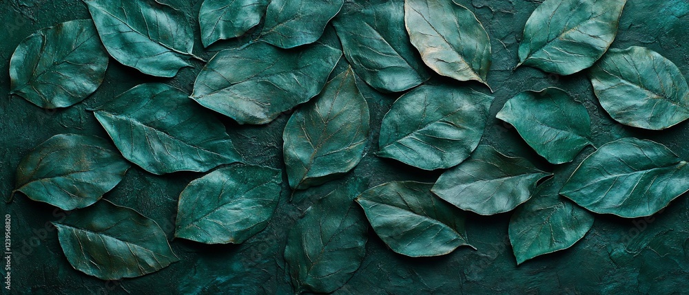 Fototapeta premium Teal leaves on textured surface