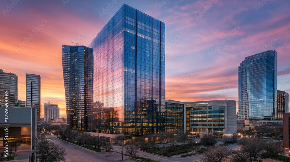 Naklejka premium Modern Skyline Reflecting a Vibrant Sunset with urban architecture