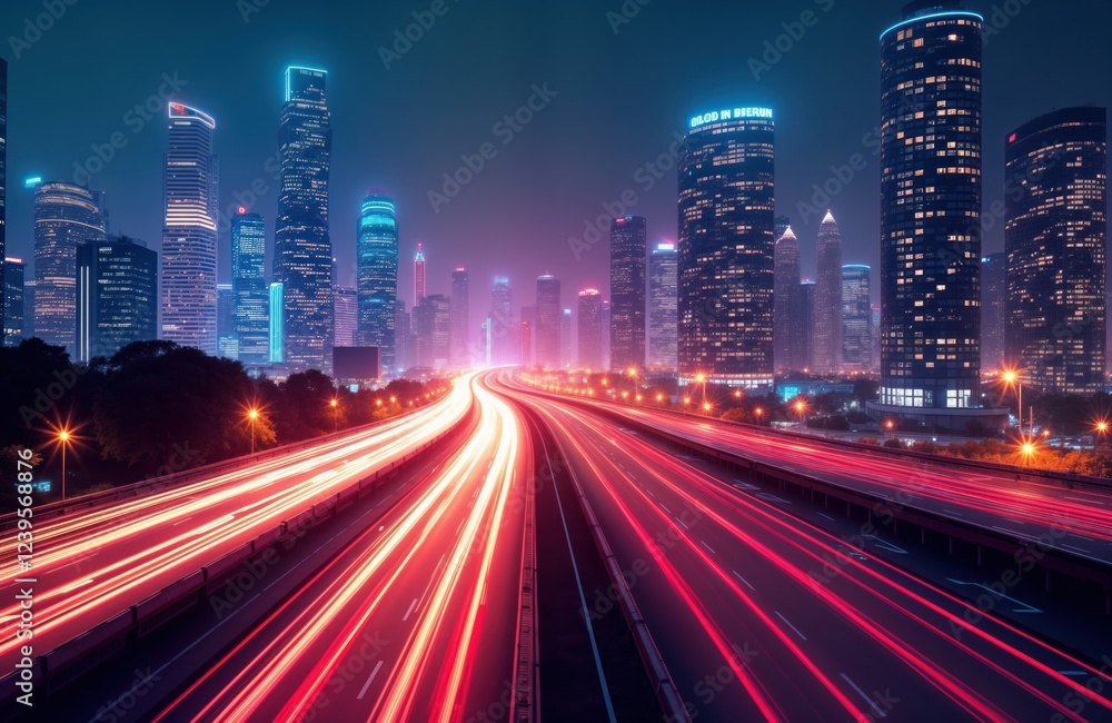 Modern metropolis at night. Fast moving vehicles leave light trails on highway. Skyscrapers glow with neon lights. Futuristic cityscape shows vibrant tech, speed. High tech city landscape full of Modern metropolis at night. Fast moving vehicles leave light trails on highway. Skyscrapers glow with neon lights. Futuristic cityscape shows vibrant tech, speed. High tech city landscape full of
