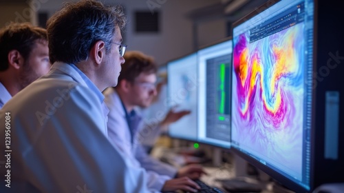 A medium closeup of researchers in lab coats gathered around a computer console intensely analyzing data on a large screen displaying realtime simulations of plasma behavior highlighting