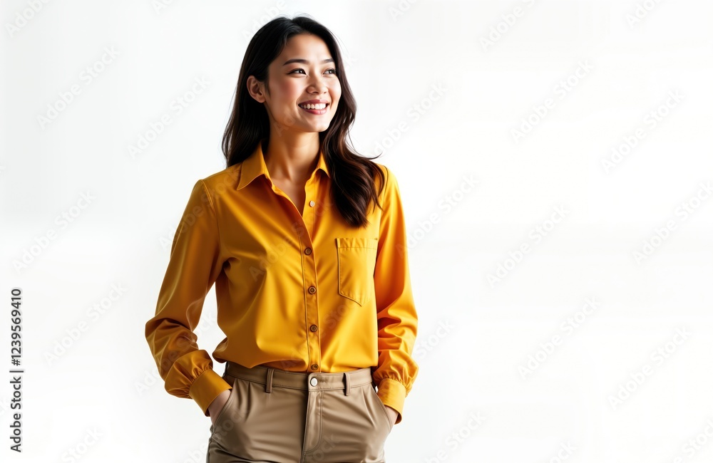 Asian woman stands in office setting. Smiling confidently, looking sideways. Wears mustard yellow shirt, beige pants. Posing for pro portrait in modern space. Possible scenarios include business Asian woman stands in office setting. Smiling confidently, looking sideways. Wears mustard yellow shirt, beige pants. Posing for pro portrait in modern space. Possible scenarios include business