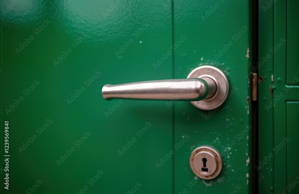 Close up view of vibrant green door with metallic handle, lock. Modern style, urban design elements featured. Door closed, securely shut. Outdoor, home entrance concepts apparent. Green paint of door Close up view of vibrant green door with metallic handle, lock. Modern style, urban design elements featured. Door closed, securely shut. Outdoor, home entrance concepts apparent. Green paint of door
