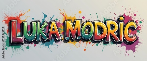 This vibrant graffiti artwork showcases the name Luka Modric in bold, playful letters, surrounded by splashes of bright colors. The energetic design captures the spirit of creativity and urban culture