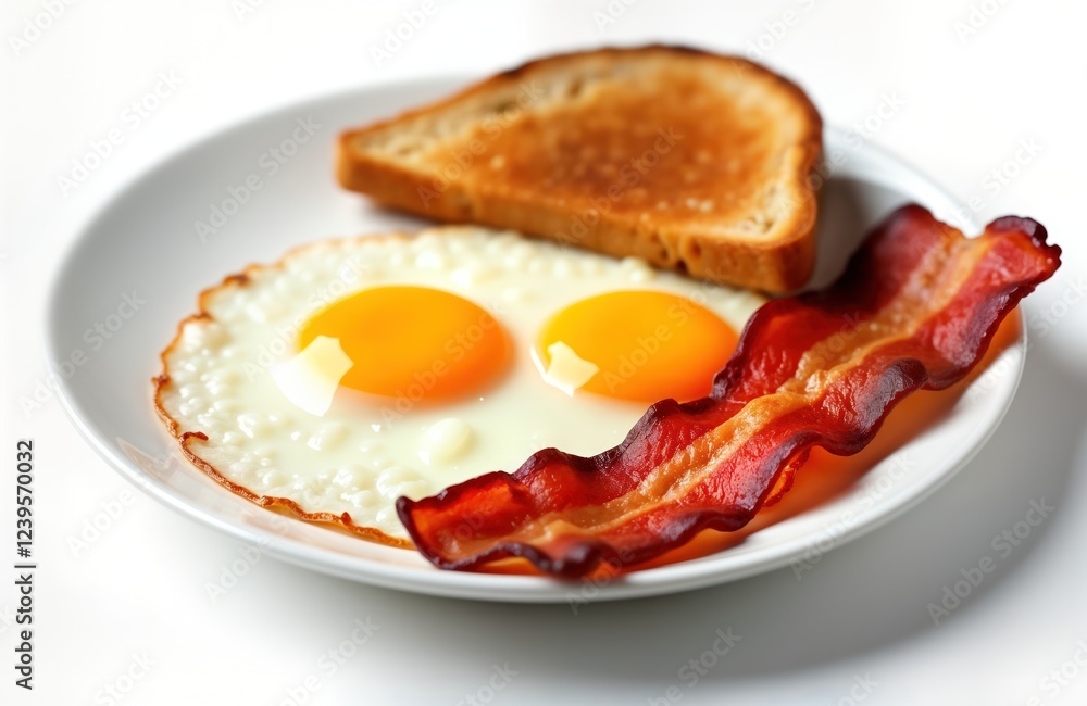 Two fried eggs with crispy bacon, toasted bread. Classic American breakfast dish on white plate. Delicious, healthy meal. Perfect morning breakfast. Freshly cooked food. Tasty, nutritious. Isolated Two fried eggs with crispy bacon, toasted bread. Classic American breakfast dish on white plate. Delicious, healthy meal. Perfect morning breakfast. Freshly cooked food. Tasty, nutritious. Isolated