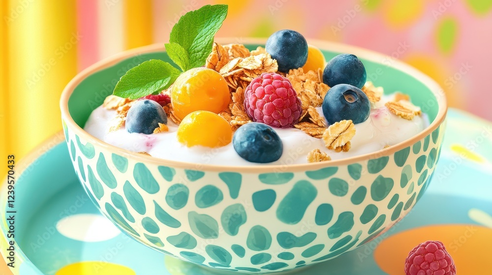 A colorful bowl of yogurt topped with fresh fruits and granola, set against a vibrant background, perfect for a healthy breakfast. A colorful bowl of yogurt topped with fresh fruits and granola, set against a vibrant background, perfect for a healthy breakfast.